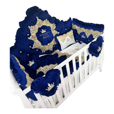 Lenjerie pătuț bebeluși Regal din Catifea Bleumarin cu apărători matlasate, cearșaf, păturică și pernuta