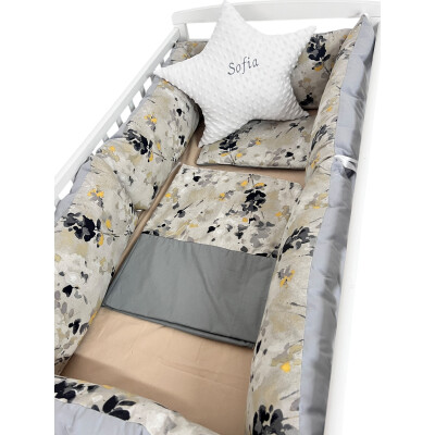 OTL Lenjerie cu 6 bucati Perne Lungi protectii laterale patut, cearșaf, păturică și pernuta Deseda Fantezie gri + perna stea personalizata