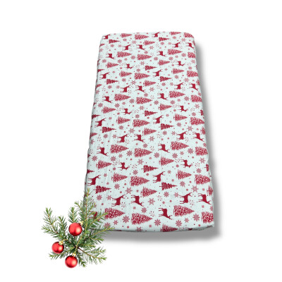 Cearsaf de pat bebeluși din Finet - flanel de iarna, Deseda Reni Rosu pe alb