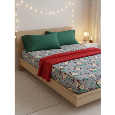 Cearsaf de pat din Finet - Flanel de iarna, cu elastic roata, Mos Craciun pe gri