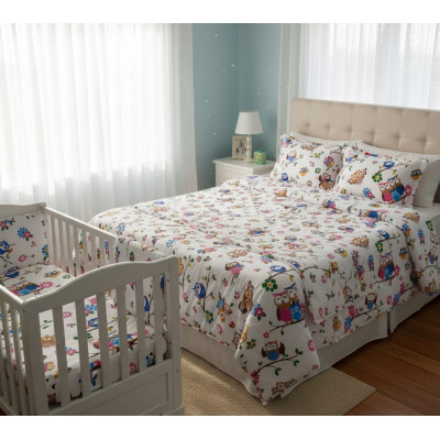 Lenjerie de pat cu aparatori pufoase Bufnite + lenjerie pat matrimonial Momente Deseda