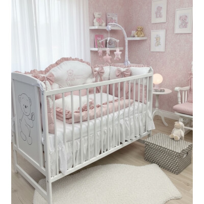 Pat + saltea + Lenjerie de pat cu apărători matlasate boltite, fundițe, 7 piese Roz pudrat - Alb