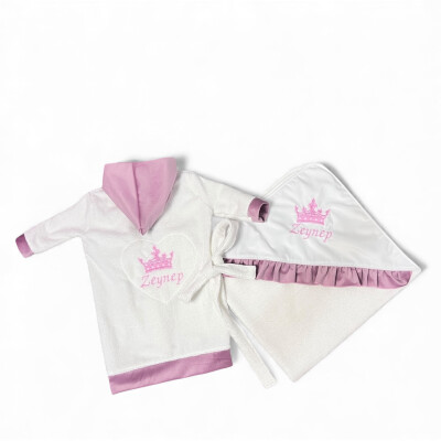 Set Halat capot de baie bebeluși Personalizat + Prosop cu capison, din frotir de bumbac cu catifea Deseda Roz pudrat