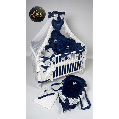 Pat + saltea + Lenjerie de pat din Catifea Albastru Royal cu apărători matlasate Price  + baldachin cu dantela și suport + cuib cu desfacere asortat + set de baie