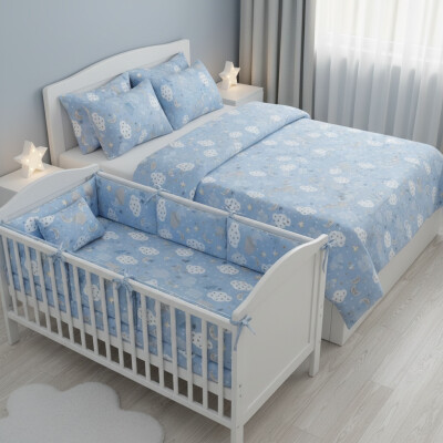 Lenjerie de pat cu aparatori pufoase Nori cu luna + lenjerie pat matrimonial Momente Deseda