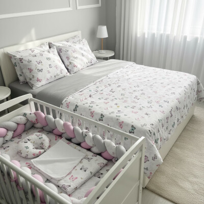 Lenjerie de pat cu 2 aparatori impletite Fluturasi gri- lila + lenjerie pat matrimonial Momente Deseda