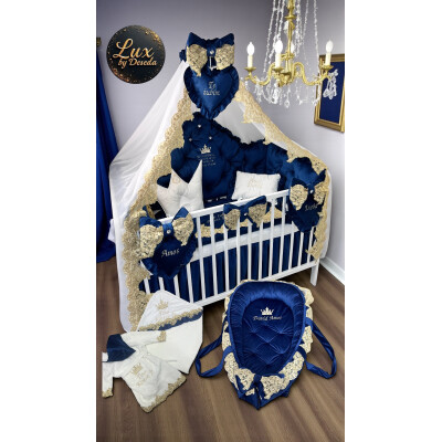 Pat + saltea + Lenjerie de pat din Catifea cu apărători matlasate Price  + baldachin cu dantela și suport + cuib cu desfacere asortat 