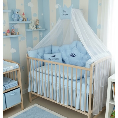 Pat + saltea + Lenjerie de pat Minunea mea, cu apărători matlasate+ lenjerie cu fundițe+ baldachin cu suport și inimioara Baby blue