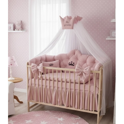 Pat + saltea + Lenjerie de pat Minunea mea, cu apărători matlasate + lenjerie cu fundițe+ baldachin cu suport și inimioara Roz pudra