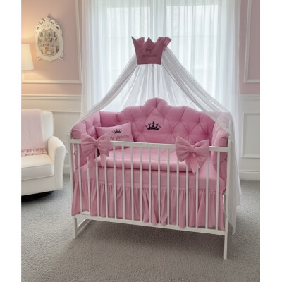 Lenjerie pătuț bebeluși cu apărători matlasate, cearșaf, păturică și pernuta Minunea mea Roz 