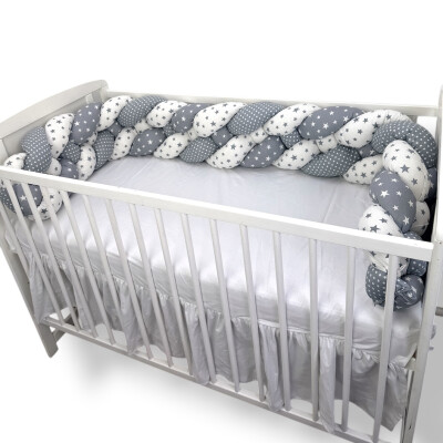 OTL Apărătoare laterala pătuț bebe bumper împletită în 4 din bumbac, 240 cm Deseda Mix Stelute gri