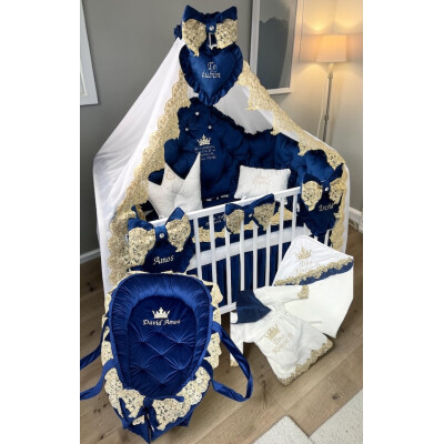 Pat + saltea + Lenjerie de pat din Catifea Albastru Royal cu apărători matlasate Price  + baldachin cu dantela și suport + cuib cu desfacere asortat + set de baie