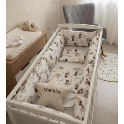 Lenjerie cu 6 bucati Perne Lungi protectii laterale patut, cearșaf, păturică și pernuta Deseda Ursi zburători bej