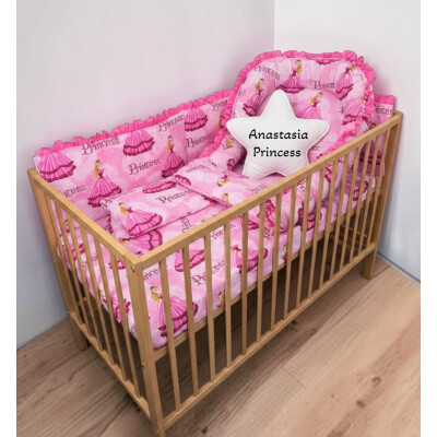 Patut bebe + saltea + Lenjerie de pat CN Prințese la bal + cuib + perna stea personalizata