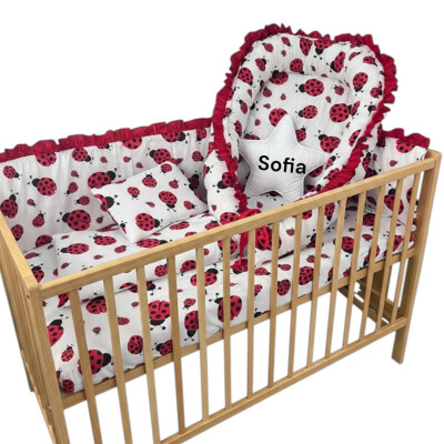 Patut bebe + saltea + Lenjerie de pat CN Buburuze + cuib + perna stea personalizata