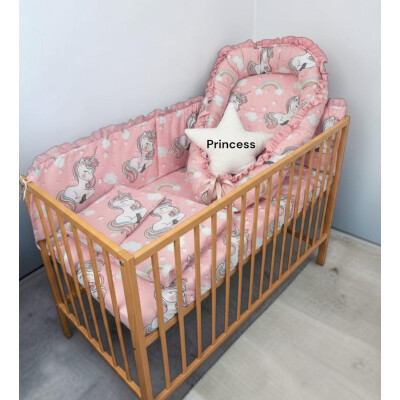 Patut bebe + saltea + Lenjerie de pat CN Unicorni + cuib + perna stea personalizata