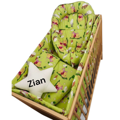 Patut bebe + saltea + Lenjerie de pat CN Ursuletul galben pe verde + cuib +perna stea personalizata