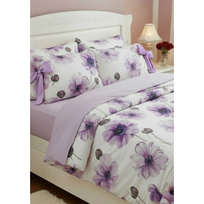 Lenjerie de pat 2 persoane Flori lila cu Funda Uni Lila by Deseda