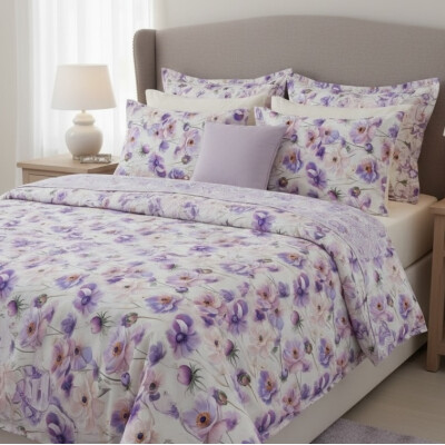 Lenjerie de pat din bumbac satinat 3D, pt 2 persoane Deseda Flori lila