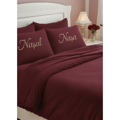 Lenjerie de pat Personalizata cu mesaj, Cadou Nasi Bordo 2 persoane LUX by Deseda