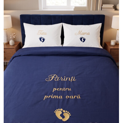 Lenjerie de pat Personalizata Cadou cuplu, 2 persoane LUX by Deseda Parinti pentru prima oara