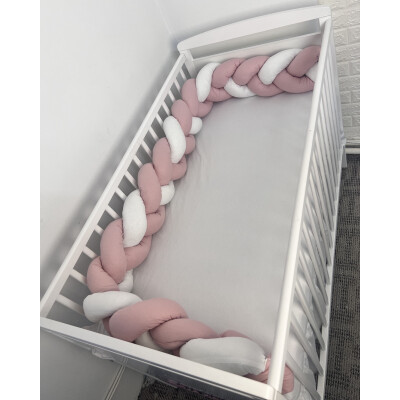 Apărătoare laterala pat bumper împletită 240 cm, 2 în 1, Deseda Roz pudra - alb