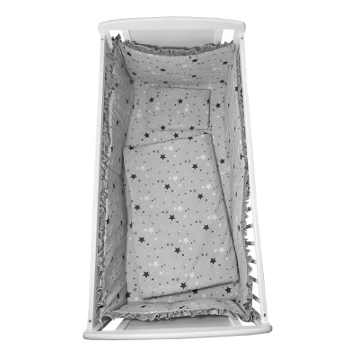 Lenjerie de patut bebelusi 5 piese cu aparatori laterale pufoase Steluțe gri pe gri