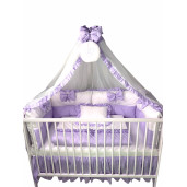 Lenjeria de pat bebeluși cu 4 apărători Super groase în 2 culori și baldachin cu Volanase și suport Deseda Lila- alb