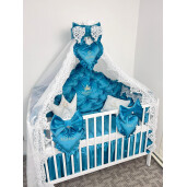 Pat + Saltea + Lenjerie pătuț bebeluși Prince din Catifea cu apărători matlasate, cearșaf, cuvertură pat și pernuta și baldachin cu suport 