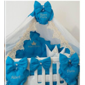 Lenjerie pătuț bebeluși cu apărători matlasate, cearșaf, păturică și pernuta Deseda Princess Albastru turquise