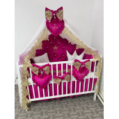 Pat + Saltea + Lenjerie pătuț bebeluși Prince din Catifea cu apărători matlasate, cearșaf, cuvertură pat și pernuta și baldachin cu suport 