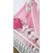 Lenjerie de pat cu apărătoare împletită în 4 și perne decorative + baldachin colorat și suport, Deseda Fantezie