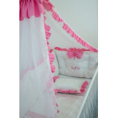 Pat + saltea + Lenjerie de pat cu 6 bucati aparatori protectii laterale patut Deseda Albe cu volanas colorat + baldachin cu suport asortat 