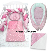 Set 7 piese Lenjerie cu apărătoare împletită 180 cm + cearșaf + păturică + pernuta formare cap + cuib cu desfacere + prosop cu capison Deseda Mix steluțe Roz