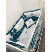 Pat + saltea + Lenjeria cu apărători super groase, fundițe și 4 broderii, cearșaf pilota și pernuta Premium by Deseda Verde smarald - alb