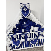 Pat + Saltea + Lenjerie pătuț bebeluși Princess Lux din Catifea cu apărători matlasate, cearșaf, păturică și pernuta și baldachin cu suport Bleumarin si dantela alba
