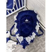 Pat + Saltea + Lenjerie pătuț bebeluși Princess Lux din Catifea cu apărători matlasate, cearșaf, păturică și pernuta și baldachin cu suport Bleumarin si dantela alba