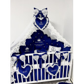 Pat + Saltea + Lenjerie pătuț bebeluși Princess Lux din Catifea cu apărători matlasate, cearșaf, păturică și pernuta și baldachin cu suport Bleumarin si dantela alba