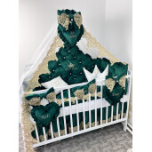 Pat + Saltea + Lenjerie pătuț bebeluși Prince din Catifea cu apărători matlasate, cearșaf, cuvertură pat și pernuta și baldachin cu suport 