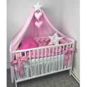 Pat + Saltea + Lenjerie de pat cu apărătoare împletită în 4 și perne decorative + baldachin colorat și suport, Deseda Fantezie