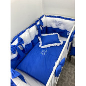 Lenjerie de pat cu 6 apărători matlasate Bicolore și fundițe Albastru royal- alb