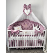Pătuț bebe + saltea + Lenjerie pătuț bebeluși din Catifea Roz pudra cu apărători matlasate, cearșaf, păturică și pernuta din catifea + baldachin cu suport, PREMIUM