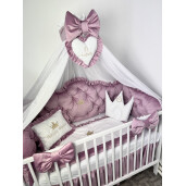 Pătuț bebe + saltea + Lenjerie pătuț bebeluși din Catifea Roz pudra cu apărători matlasate, cearșaf, păturică și pernuta din catifea + baldachin cu suport, PREMIUM