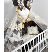 OTL Lenjerie pătuț bebeluși din Catifea Maro-auriu cu apărători matlasate, cearșaf, păturică și pernuta, baldachin cu suport și cuib asortat