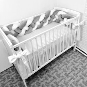 Lenjerie cu apărătoare împletită în 4, 240 cm, din CATIFEA + cearșaf + plăpumioară + pernuta slim Deseda LUX Gri - alb