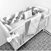 Lenjerie cu apărătoare împletită în 4, 240 cm, din CATIFEA + cearșaf + plăpumioară + pernuta slim Deseda LUX Gri - alb