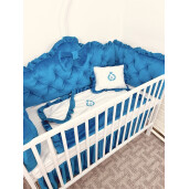 Lenjerie pătuț bebeluși din Catifea Albastru Turquise cu apărători matlasate, cearșaf, păturică și pernuta din catifea 