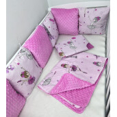 OTL Lenjerie Personalizata pt pătuț 120x60 cm cu aparatori din 8 pernute pufoase, perna paturica și cearsaf Deseda Balerine -Mincky roz