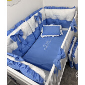 Lenjerie de pat cu 6 apărători matlasate Bicolore și fundițe Albastru - alb