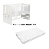 Pat + Saltea + Lenjerie pătuț bebeluși Personalizata cu 7 pernuțe cu volanase, cearșaf cu Volanas, păturică și pernuțe slim Bleumarin-stelute bleumarin pe alb